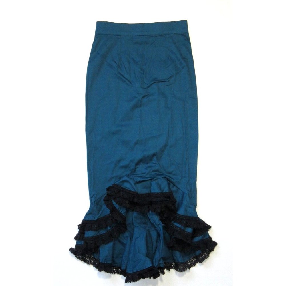 NWT Deadly Dames Flamenco Midi in Teal Ruffle Rockabilly Pin-up Wiggle Skirt L